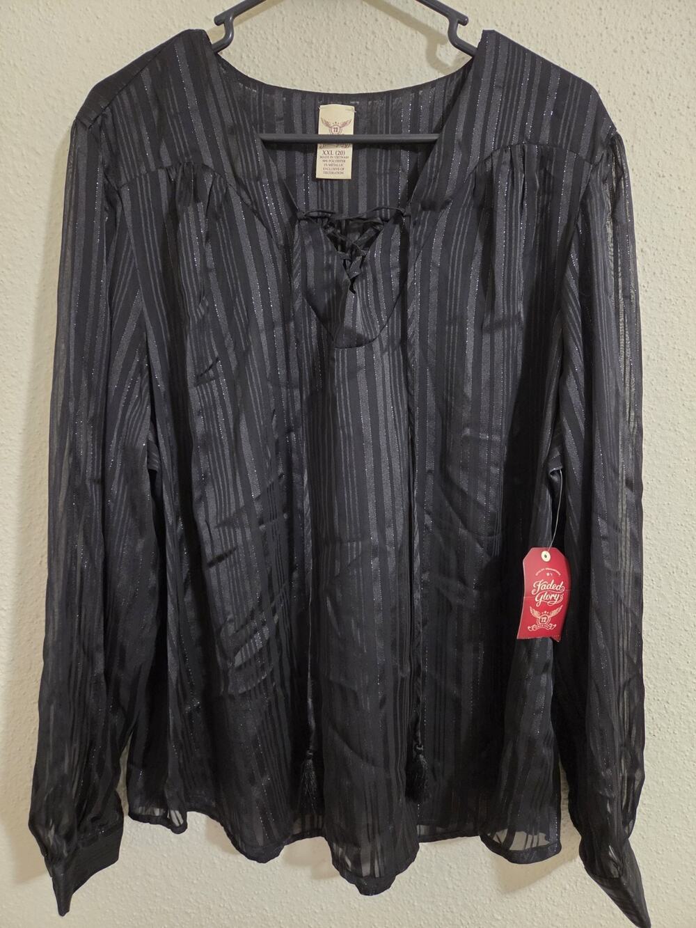 NWT Faded Glory Black Metallic Stripe Lace Up Peasant Blouse XXL 20 Boho Tassel